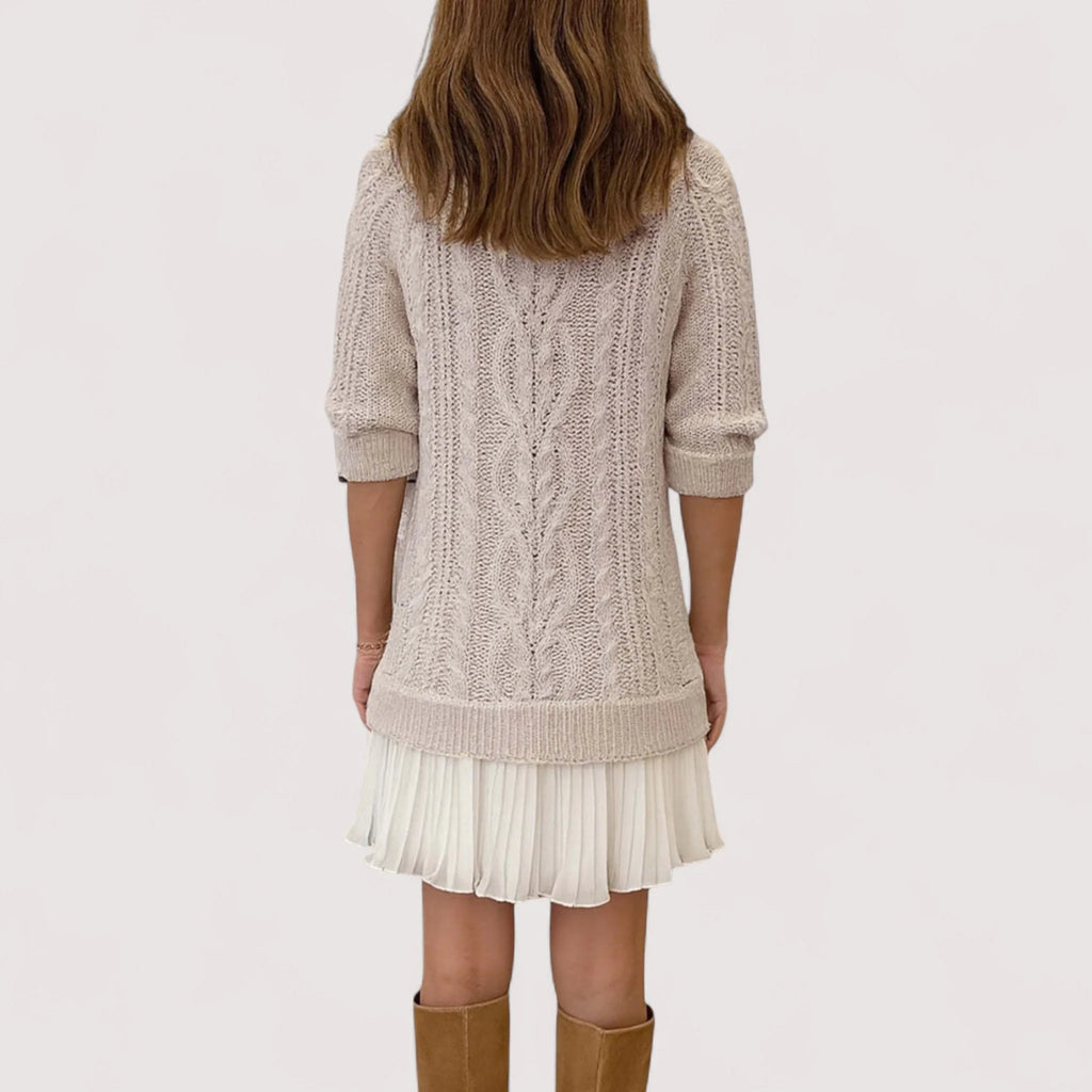 Women's knit crew neck mini sweater dress with pleated skirt