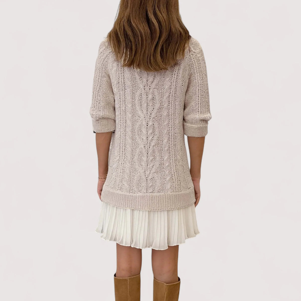 Women's knit crew neck mini sweater dress with pleated skirt
