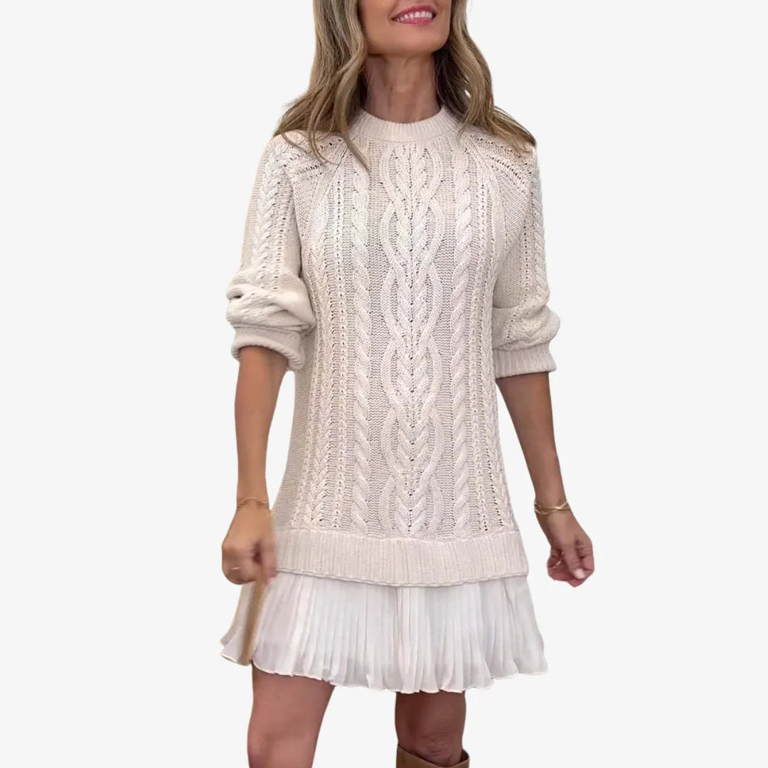 Women's knit crew neck sweater dress with cable pattern