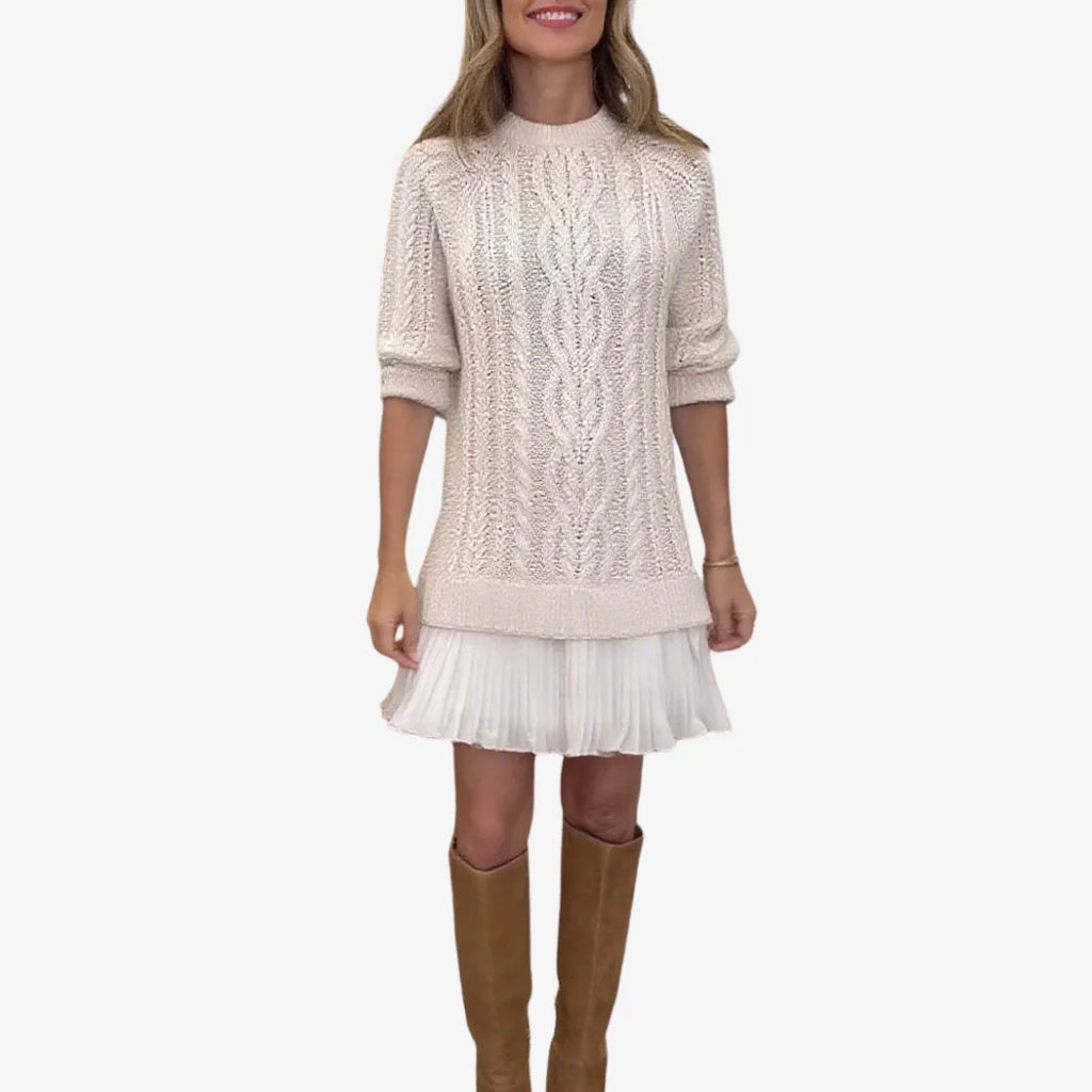 Women's knit crew neck sweater dress with cable pattern