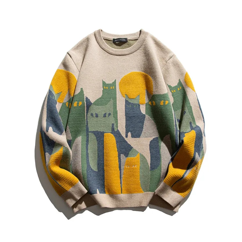 Women's knit crew neck sweater with abstract cat and moon graphic
