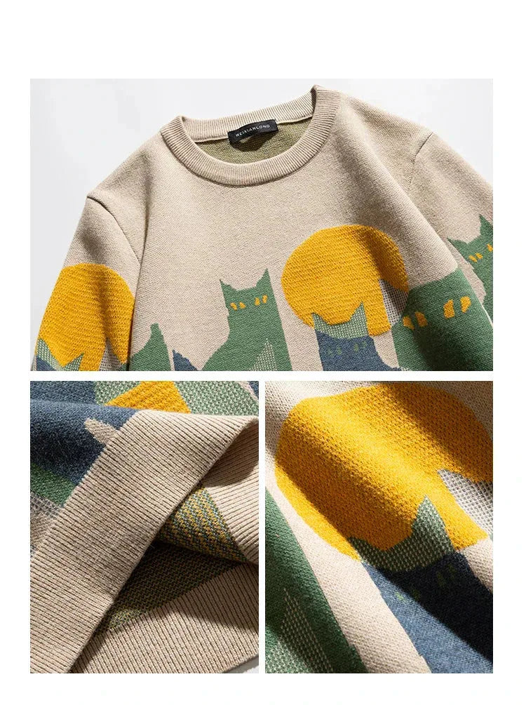 Women's knit crew neck sweater with abstract cat and moon graphic