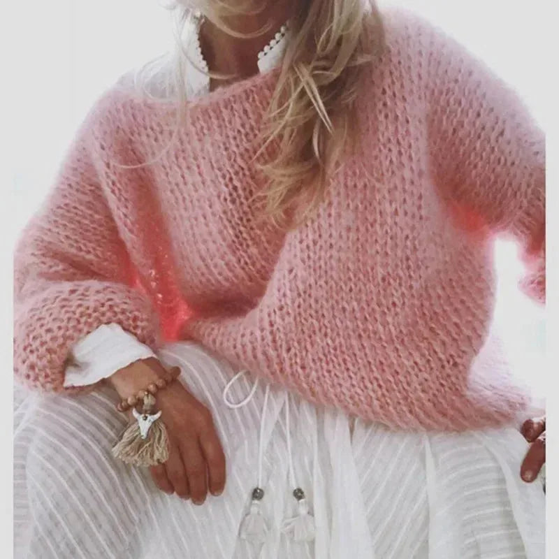 Women's knit crew neck sweater with fuzzy texture