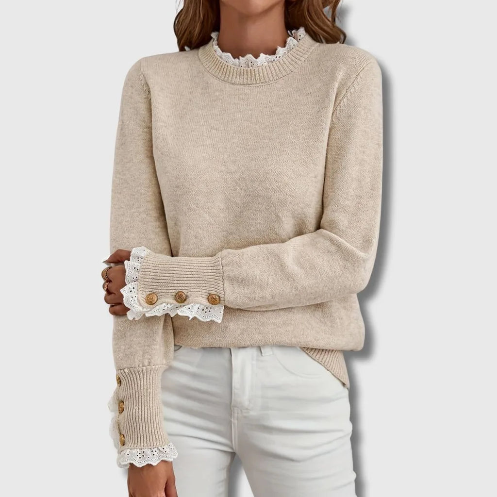 Women's knit crew neck sweater with lace trim cuffs buttons