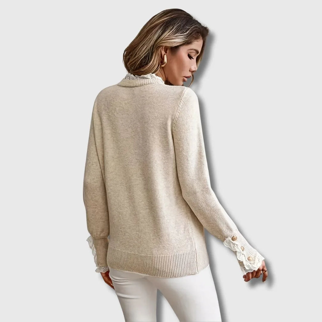 Women's knit crew neck sweater with lace trim cuffs buttons