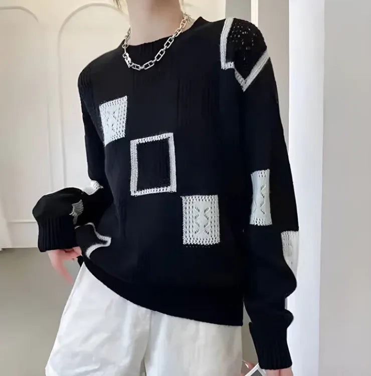 Women's knit crew neck sweater with textured square pattern