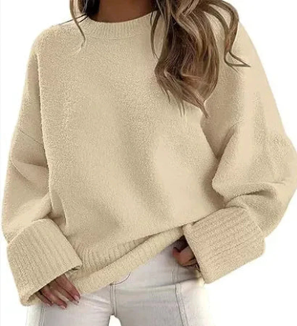 Women's knit crew neck sweater with wide ribbed cuffs