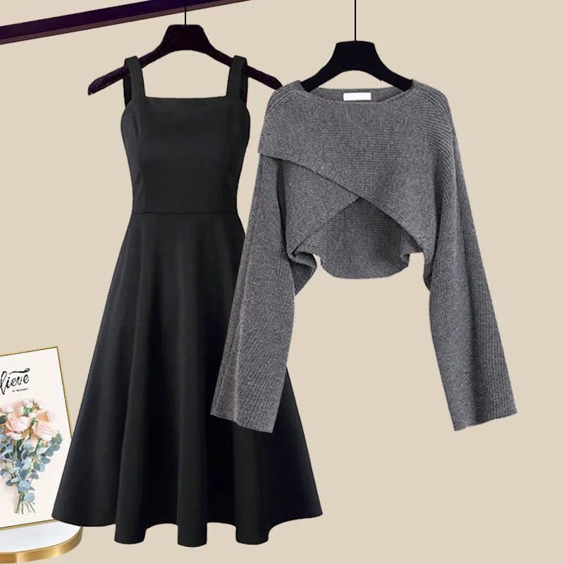 Women's knit crew neck two piece set with cropped wrap-front top