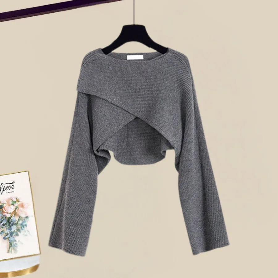 Women's knit crew neck two piece set with cropped wrap-front top