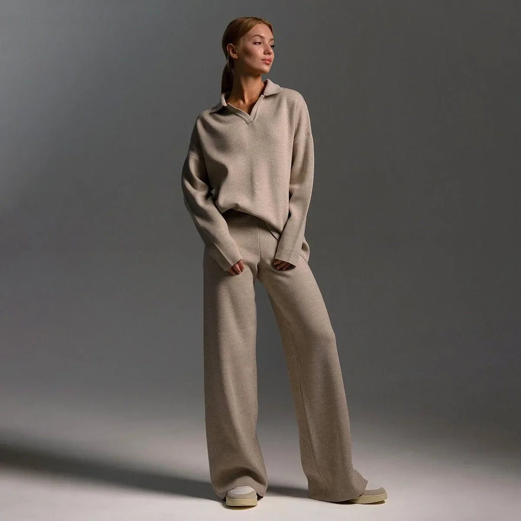Women's knit half-zip collared two piece set with wide leg pants