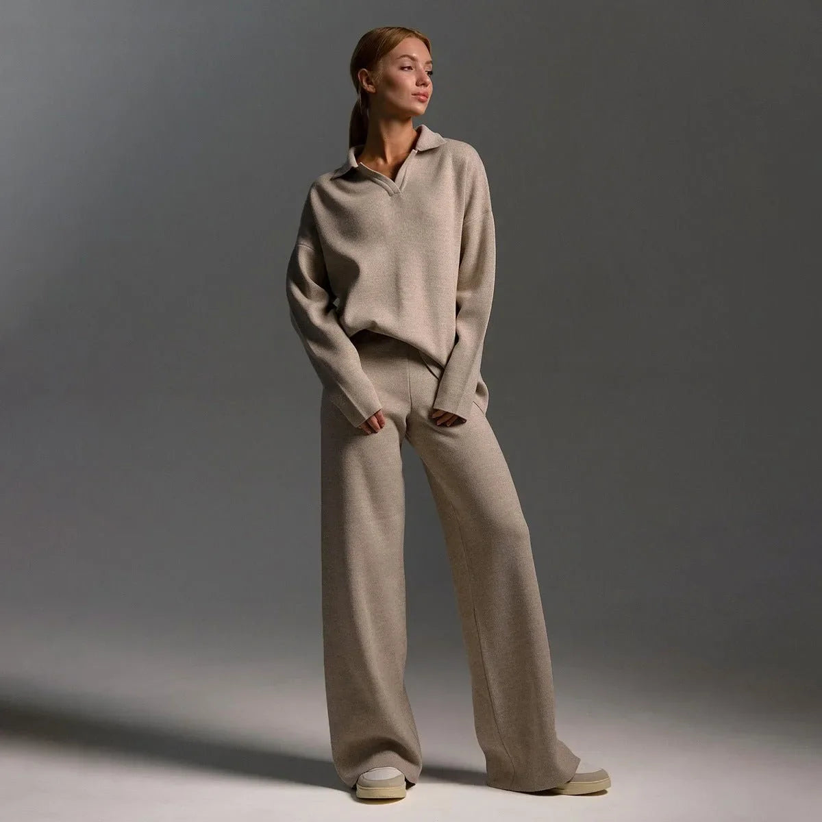 Women's knit half-zip collared two piece set with wide leg pants