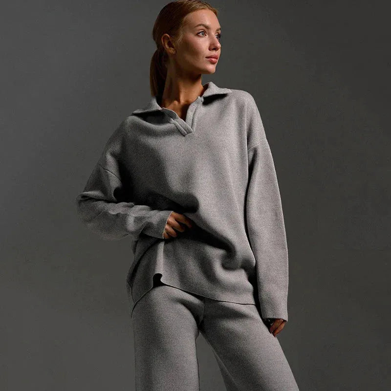 Women's knit half-zip collared two piece set with wide leg pants