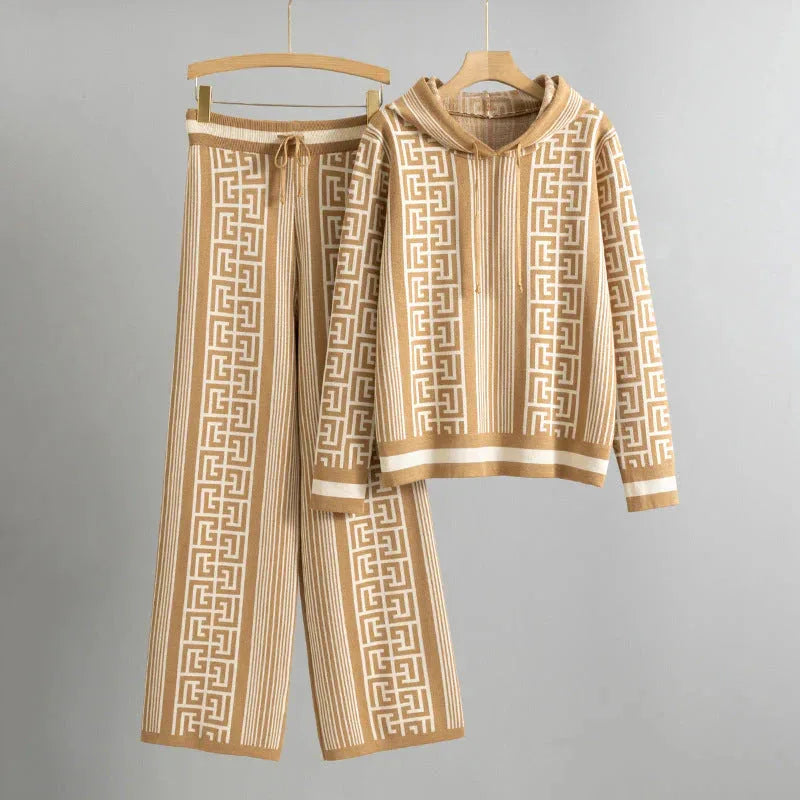 Women's knit hooded two piece set with geometric striped pattern