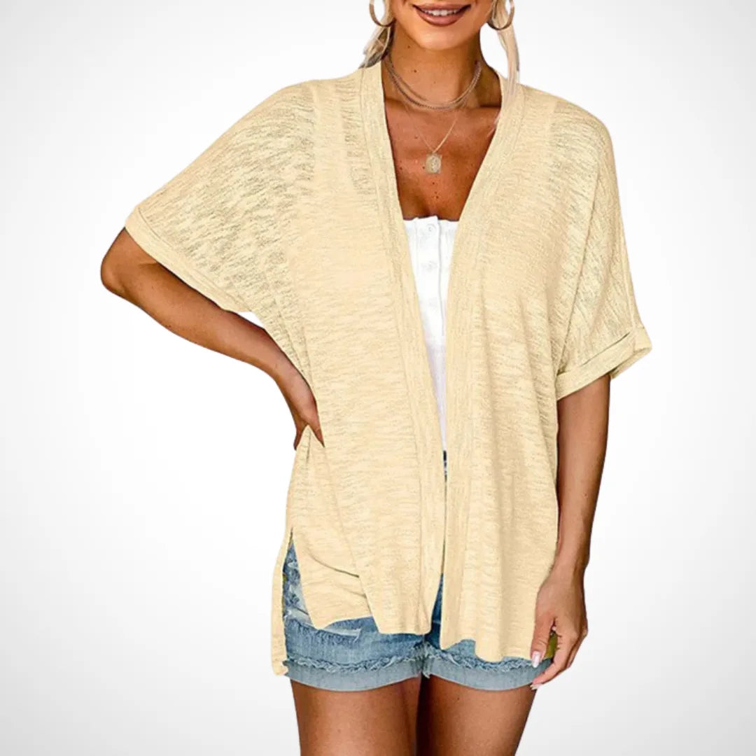 Women's knit open-front v-neck cardigan with side slits