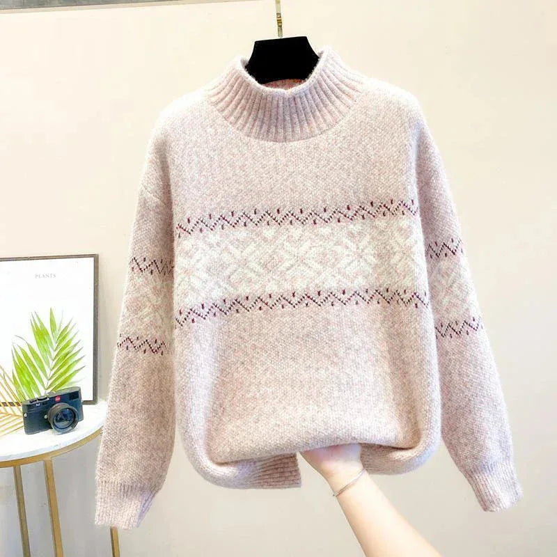 Women's knit roll neck fair isle sweater with flecked texture