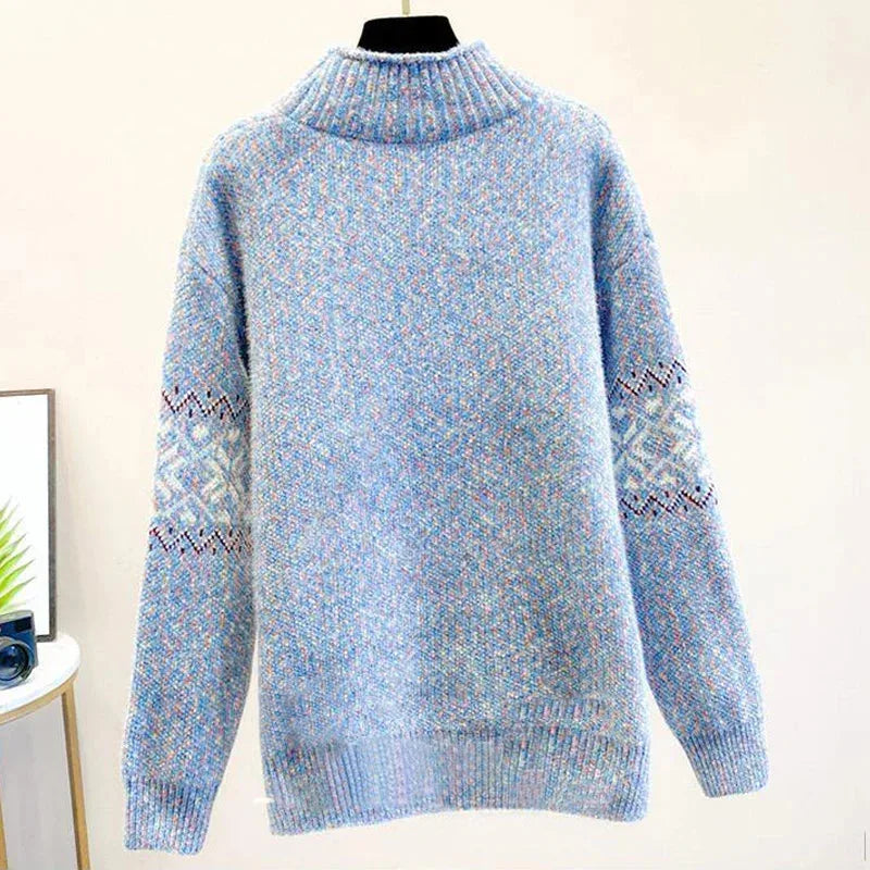 Women's knit roll neck fair isle sweater with flecked texture