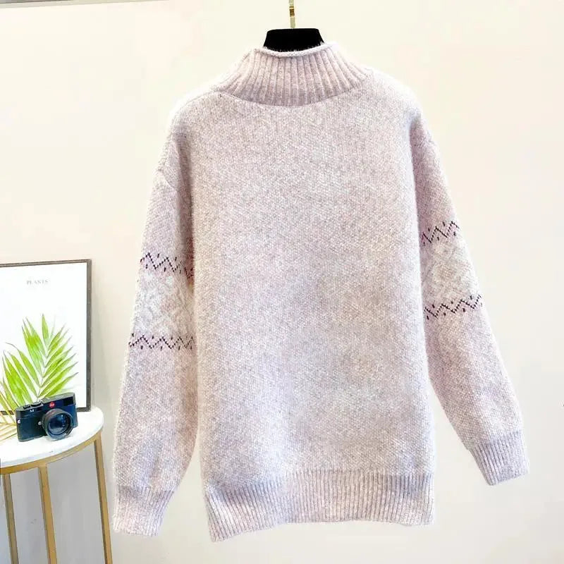 Women's knit roll neck fair isle sweater with flecked texture