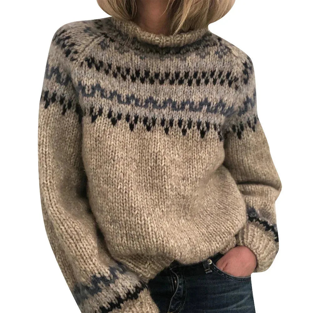 Women's knit roll neck fair isle sweater with fuzzy texture