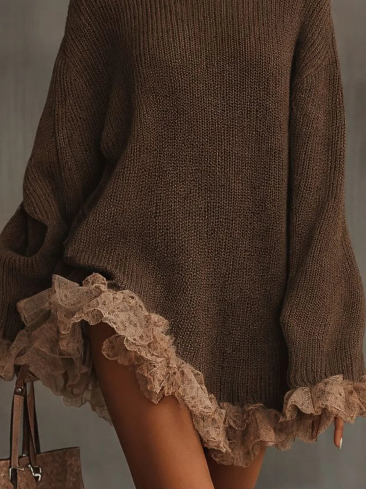 Women's knit roll neck sweater dress with ruffled lace trim