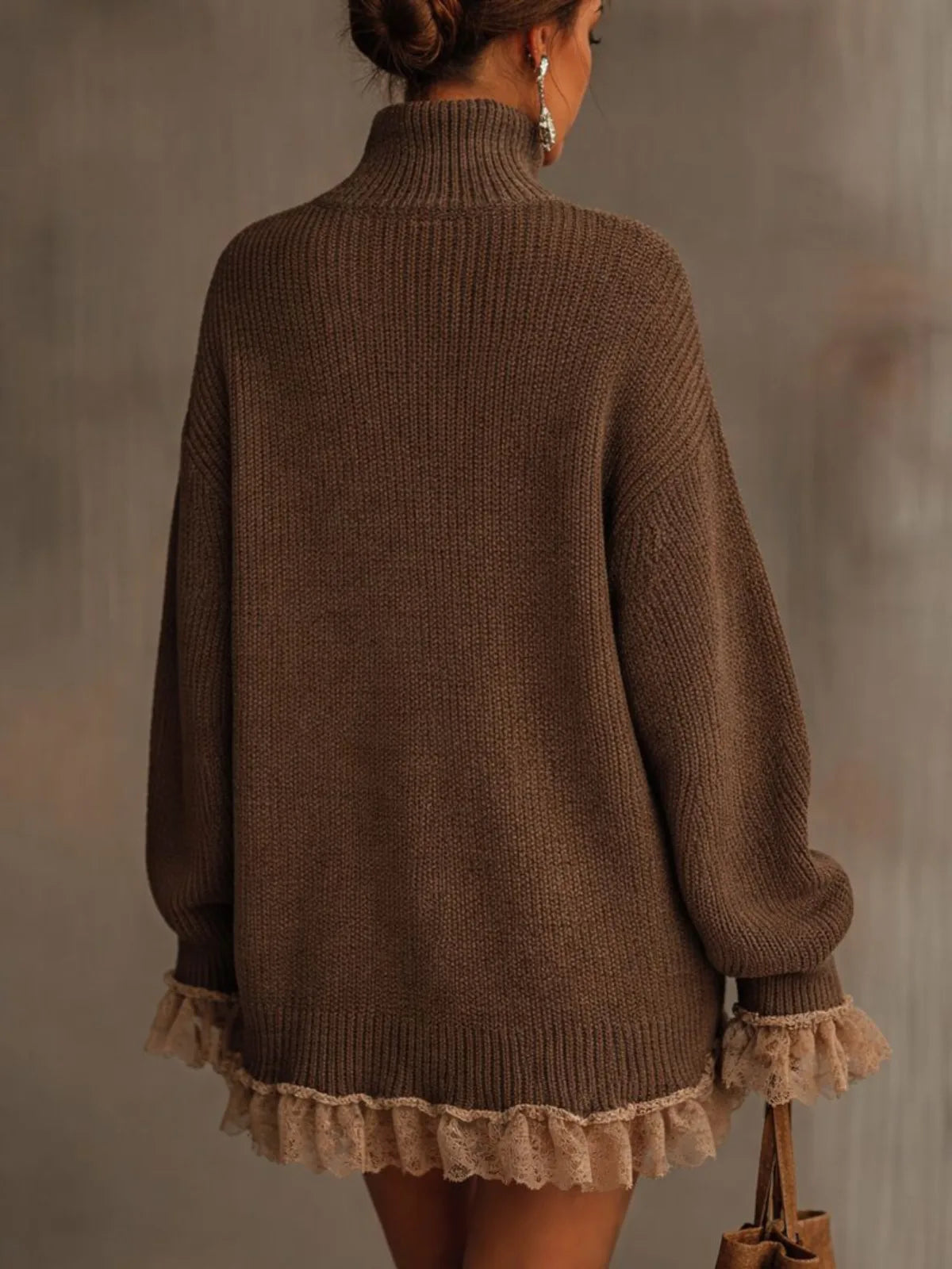 Women's knit roll neck sweater dress with ruffled lace trim