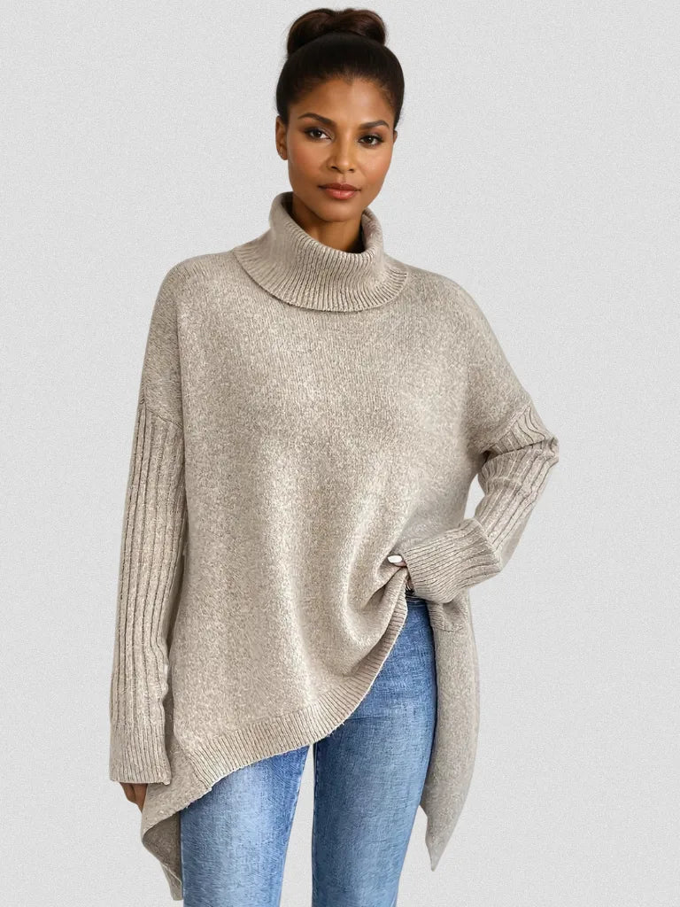 Women's knit roll neck sweater with asymmetrical hem