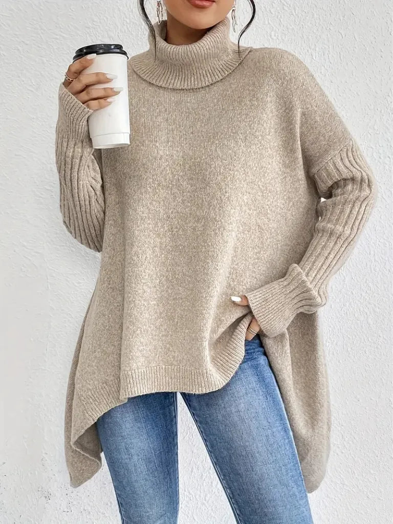 Women's knit roll neck sweater with asymmetrical hem