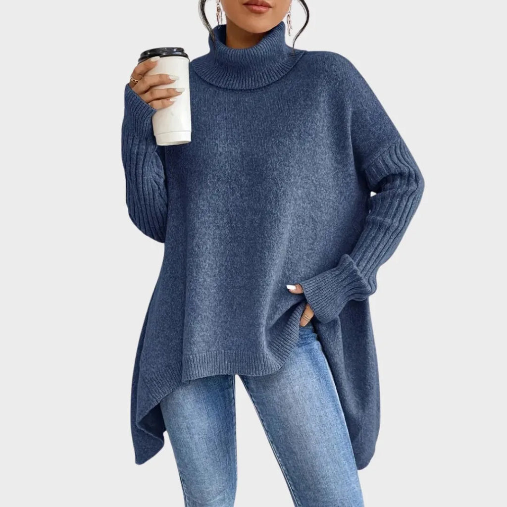 Women's knit roll neck sweater with asymmetrical hem