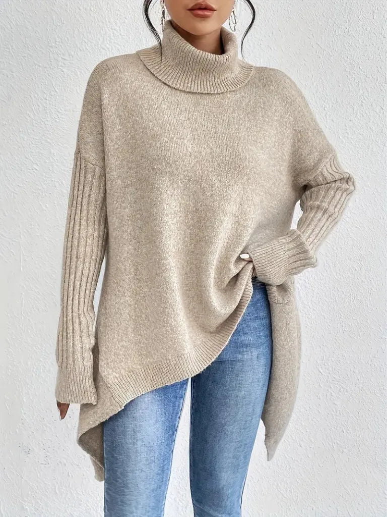 Women's knit roll neck sweater with asymmetrical hem