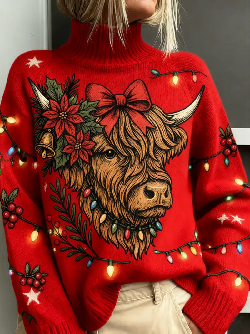 Women's knit roll neck sweater with christmas highland cow graphic