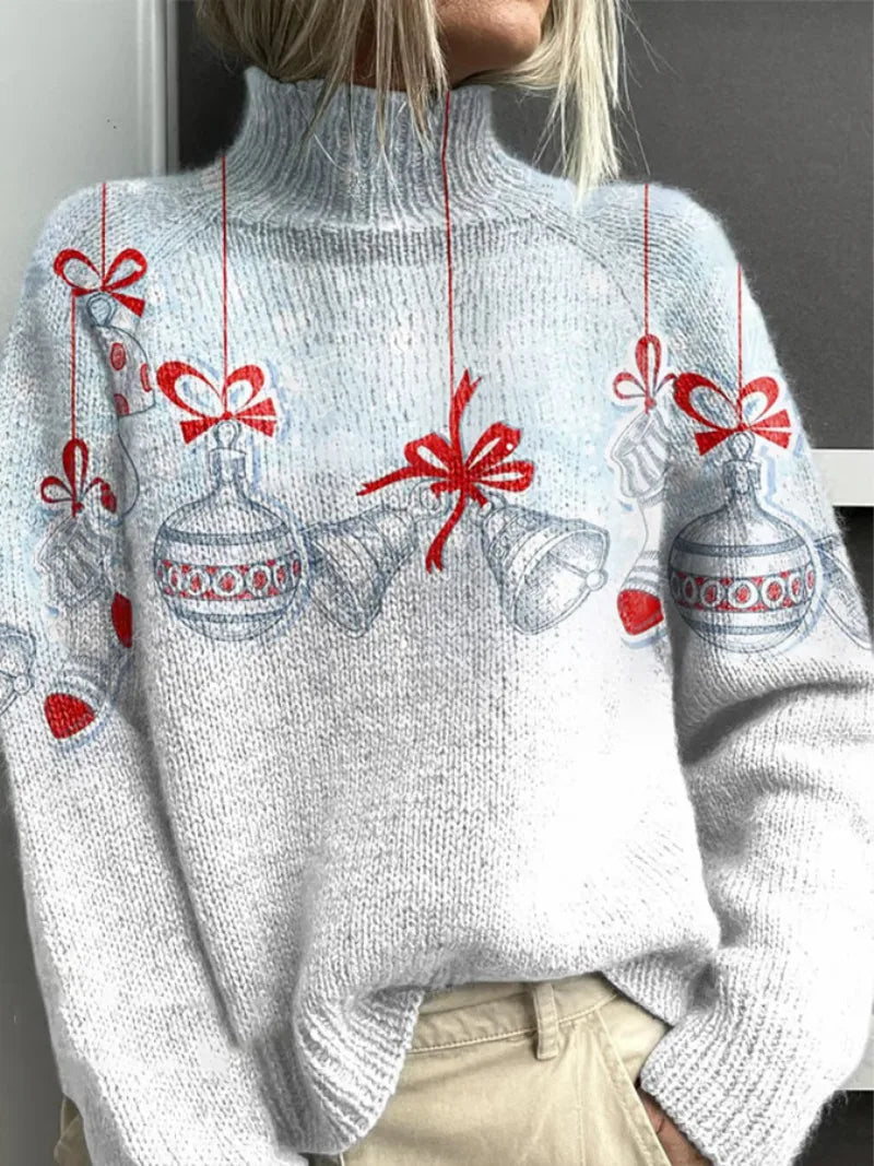 Women's knit roll neck sweater with christmas ornament print