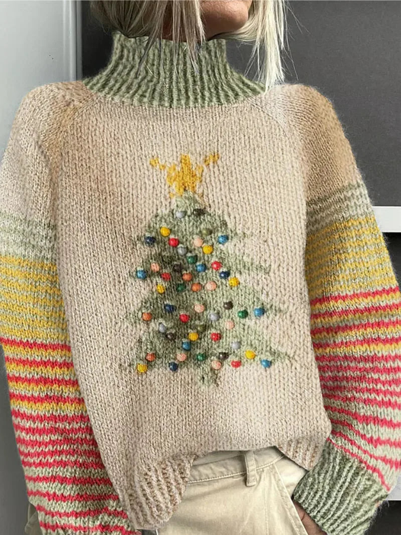 Women's knit roll neck sweater with christmas tree graphic