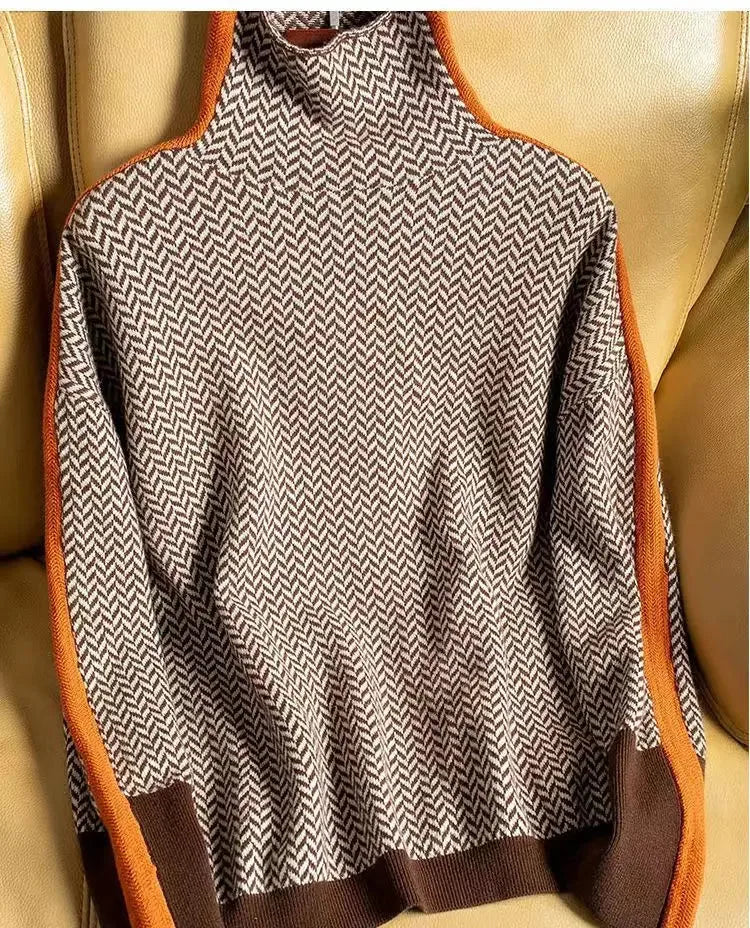 Women's knit roll neck sweater with contrast stripes