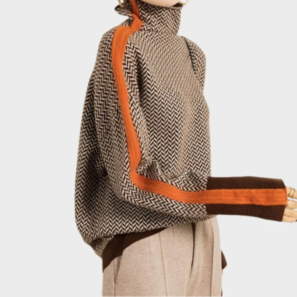 Women's knit roll neck sweater with contrast stripes