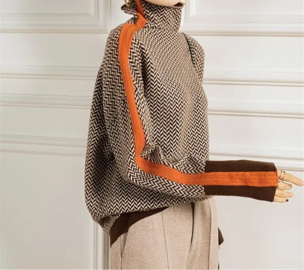 Women's knit roll neck sweater with contrast stripes