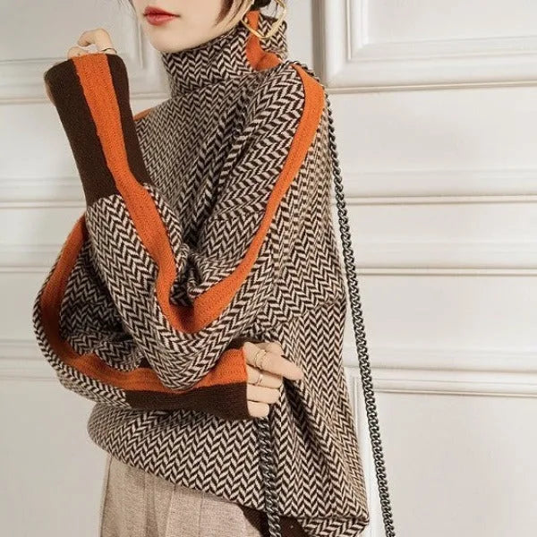 Women's knit roll neck sweater with contrast stripes
