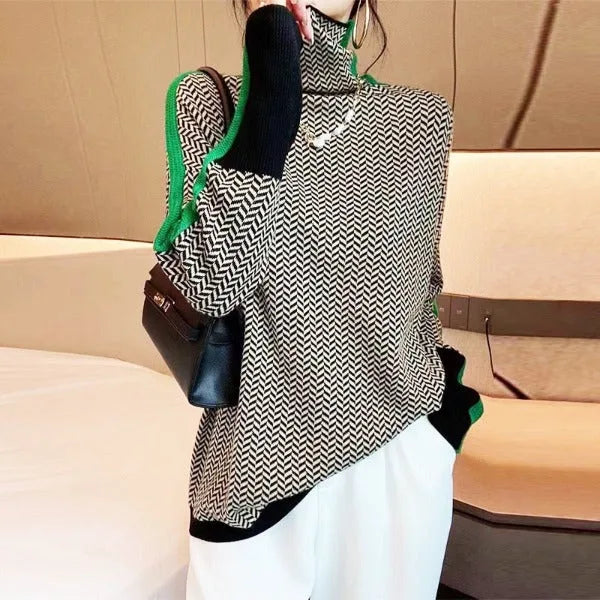 Women's knit roll neck sweater with contrast stripes