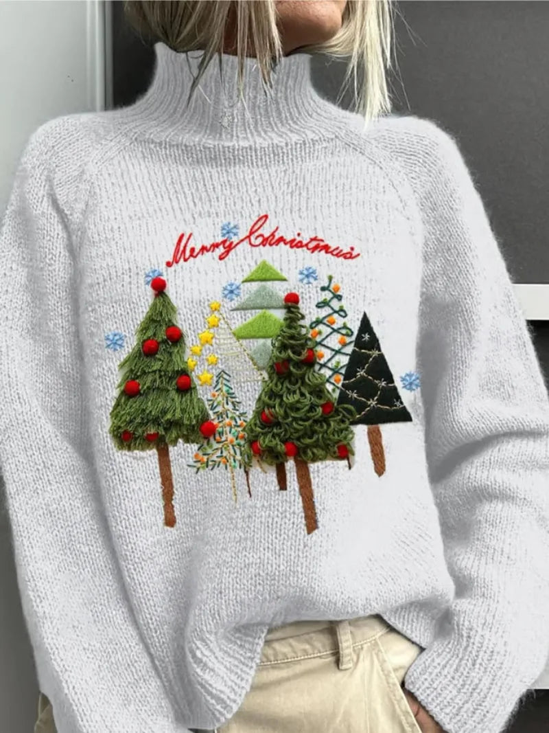 Women's knit roll neck sweater with embroidered christmas trees