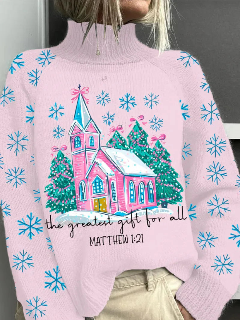Women's knit roll neck sweater with graphic print snowflakes