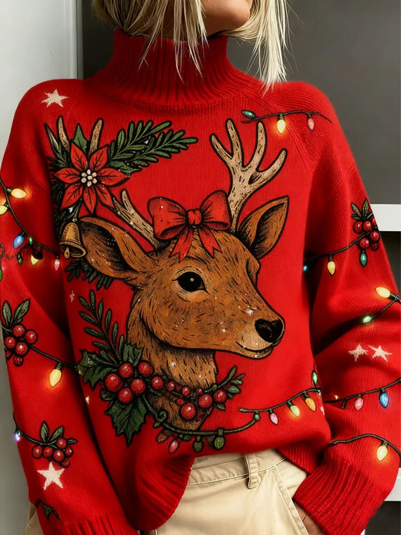 Women's knit roll neck sweater with reindeer christmas lights print