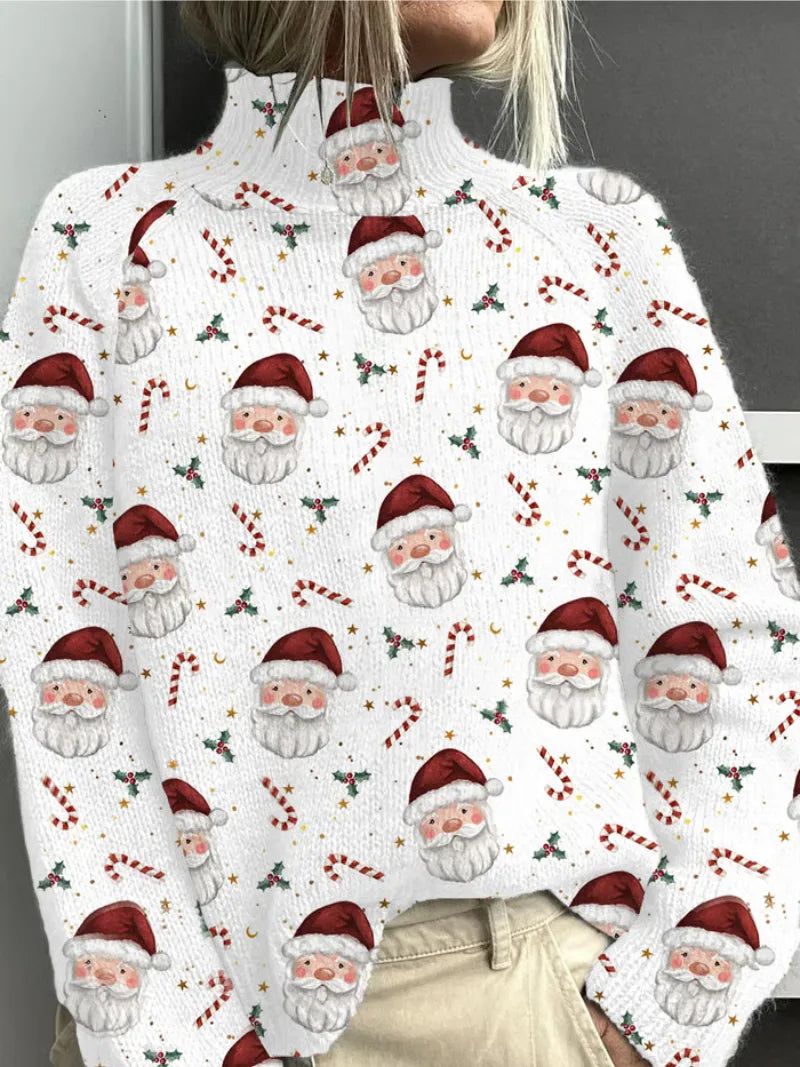Women's knit roll neck sweater with santa faces pattern
