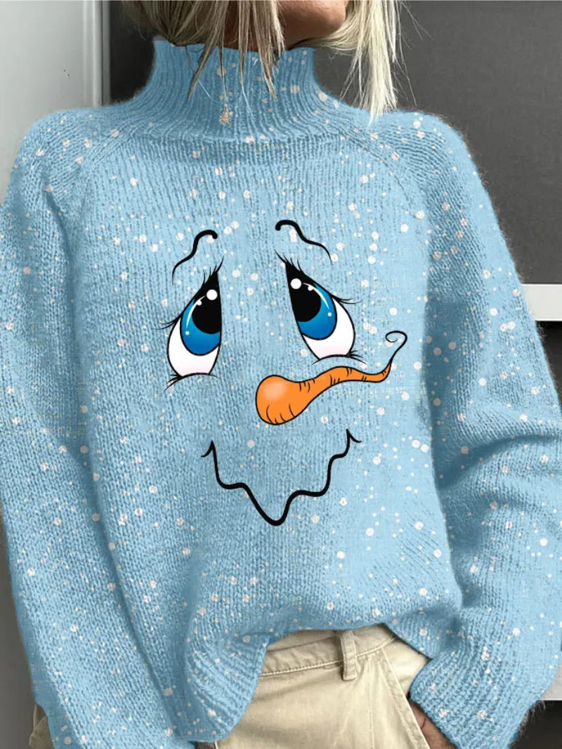 Women's knit roll neck sweater with snowman face graphic