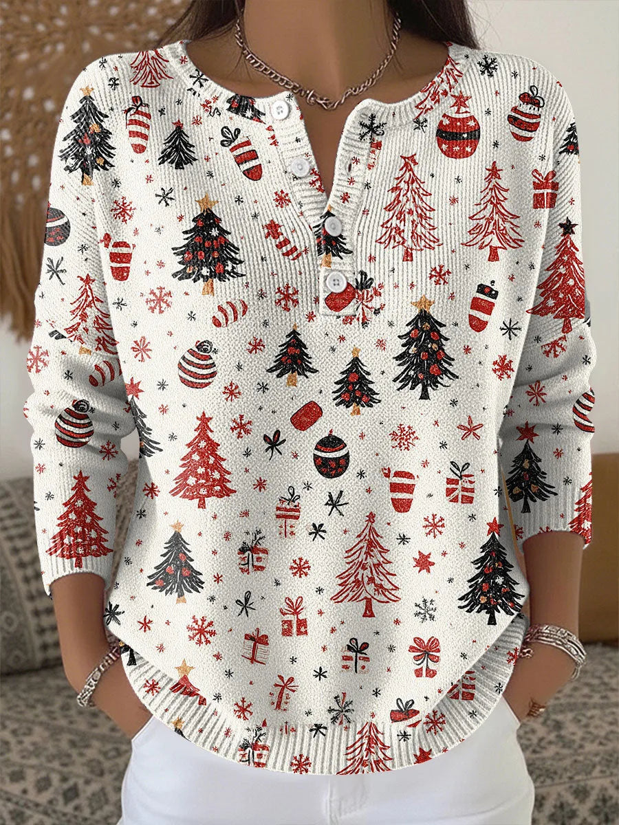 Women's knit v-neck sweater with christmas pattern