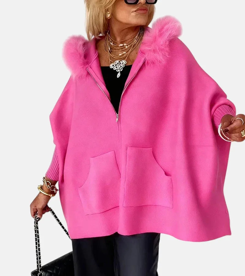 Women's knit zip-up fur cape with front patch pockets
