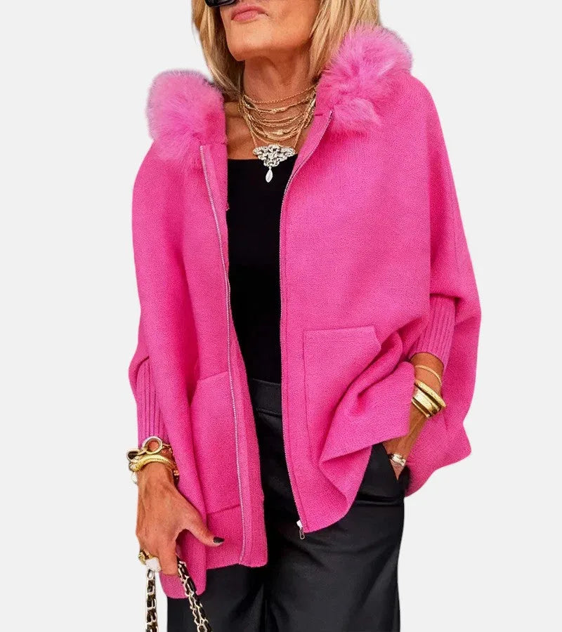 Women's knit zip-up fur cape with front patch pockets