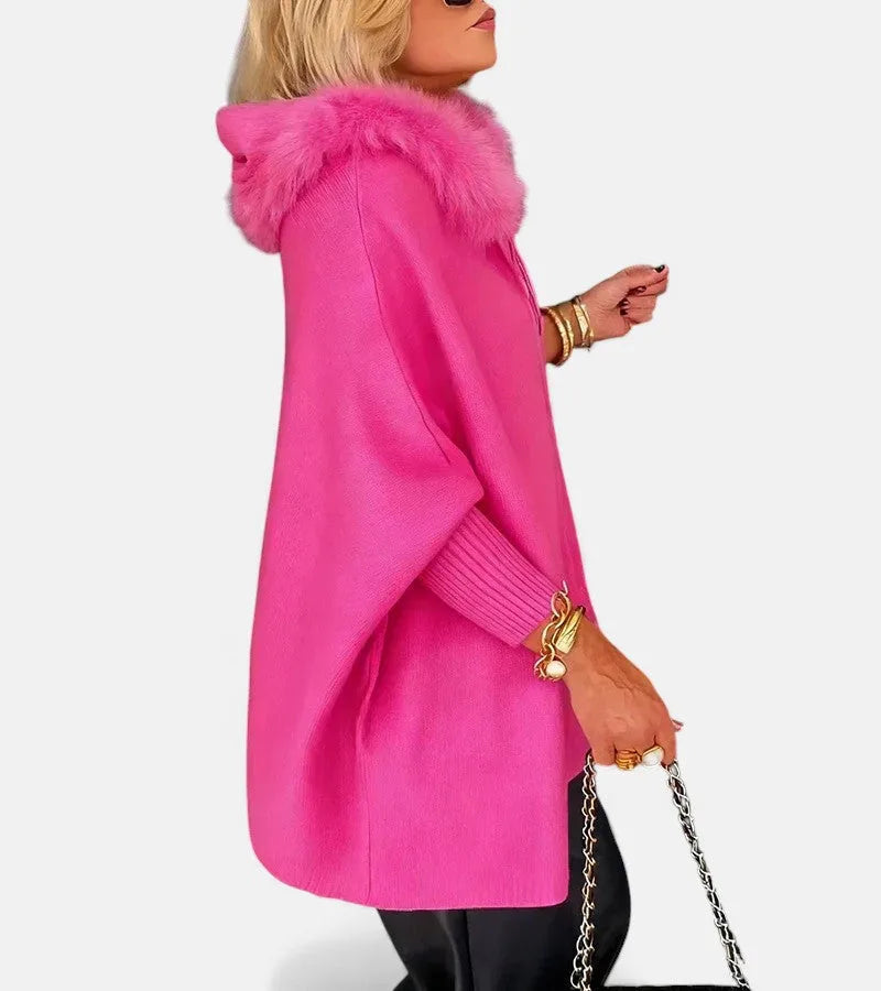 Women's knit zip-up fur cape with front patch pockets