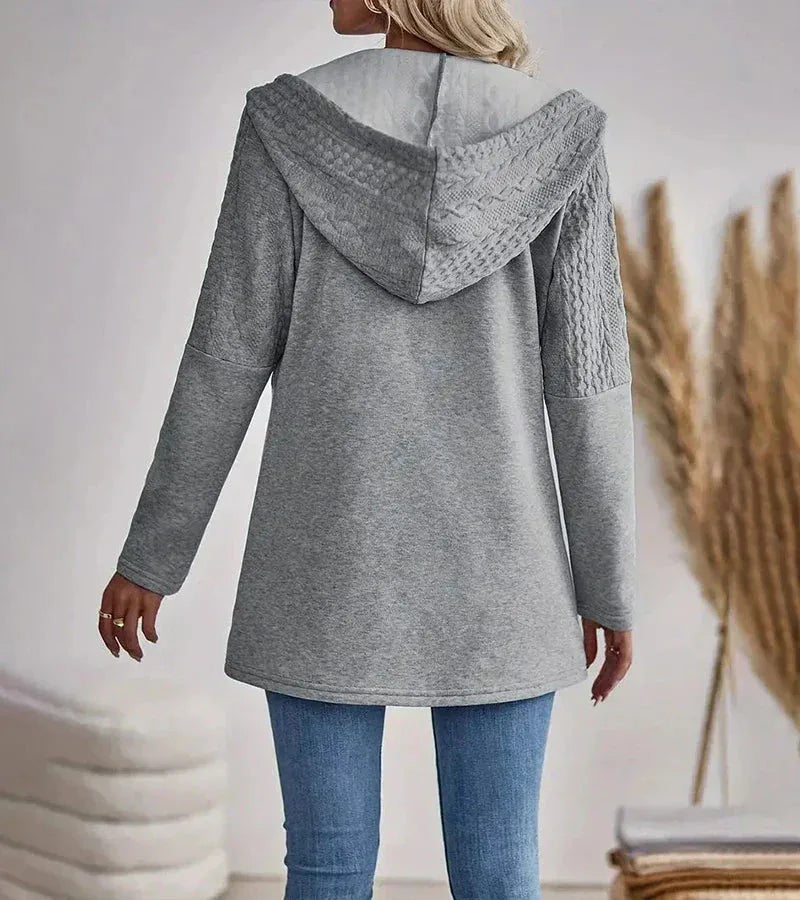 Women's knit zip-up hooded cardigan with cable upper