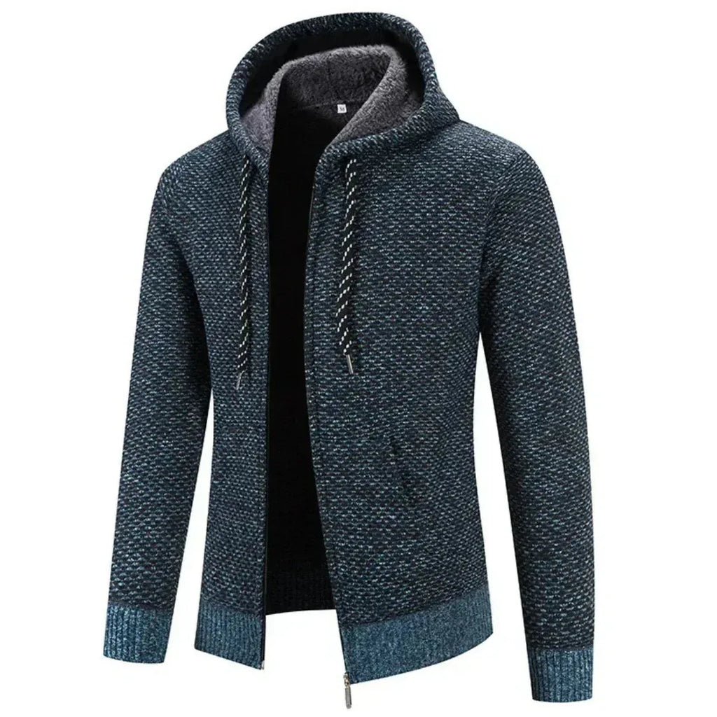 Women's knit zip-up hooded cardigan with fuzzy lined