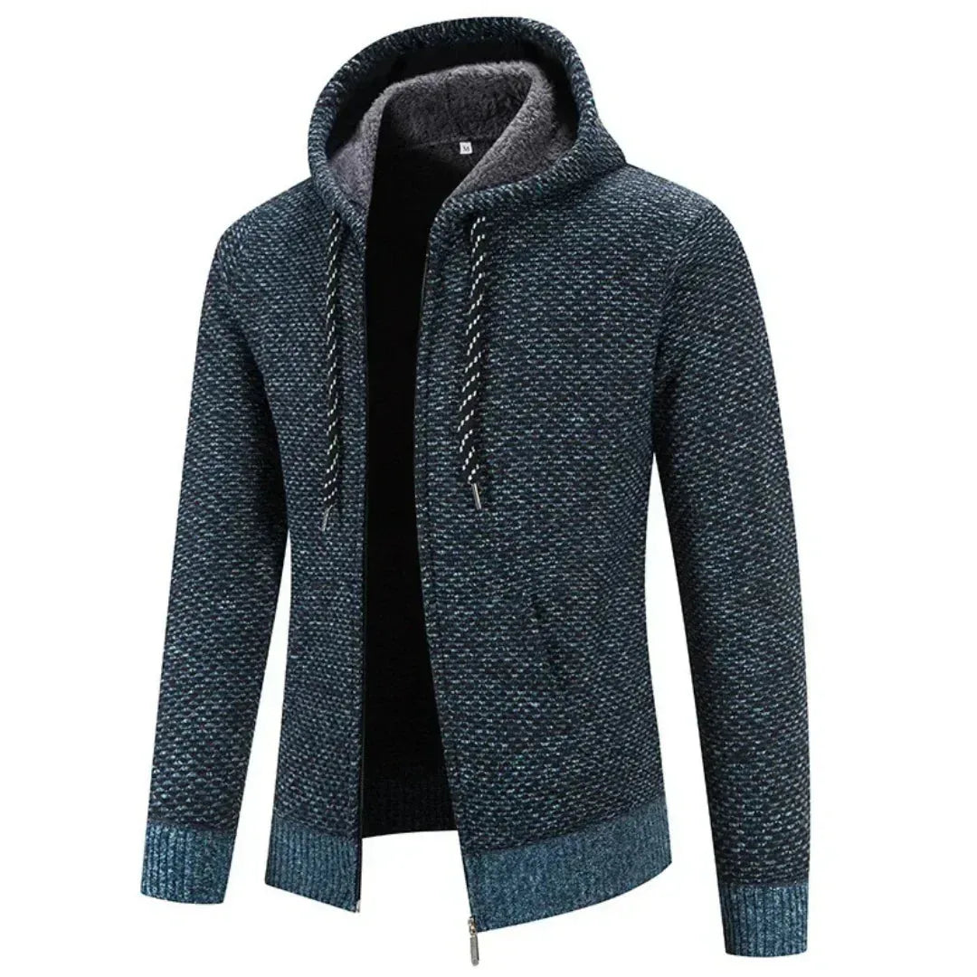 Women's knit zip-up hooded cardigan with fuzzy lined
