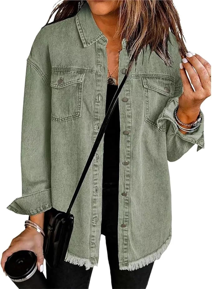 Women's longline button-front collared denim jacket with frayed hem