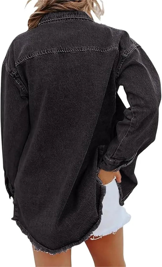 Women's longline button-front collared denim jacket with frayed hem